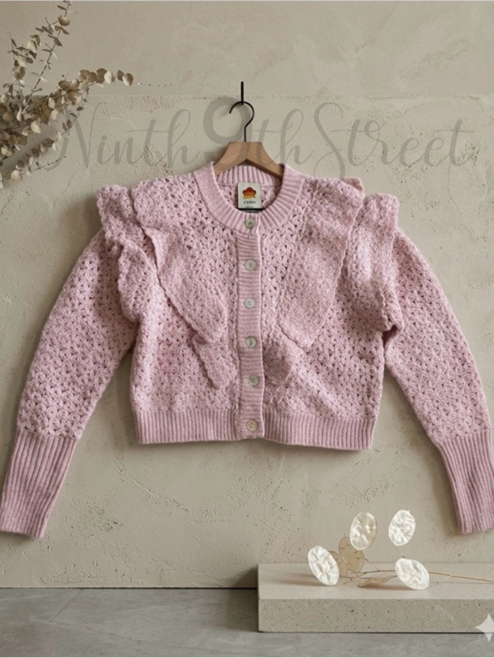 Farm Rio Pink Flower Texture Crochet Knit Ruffle Cardigan Sweater NWT Small - Picture 2 of 16